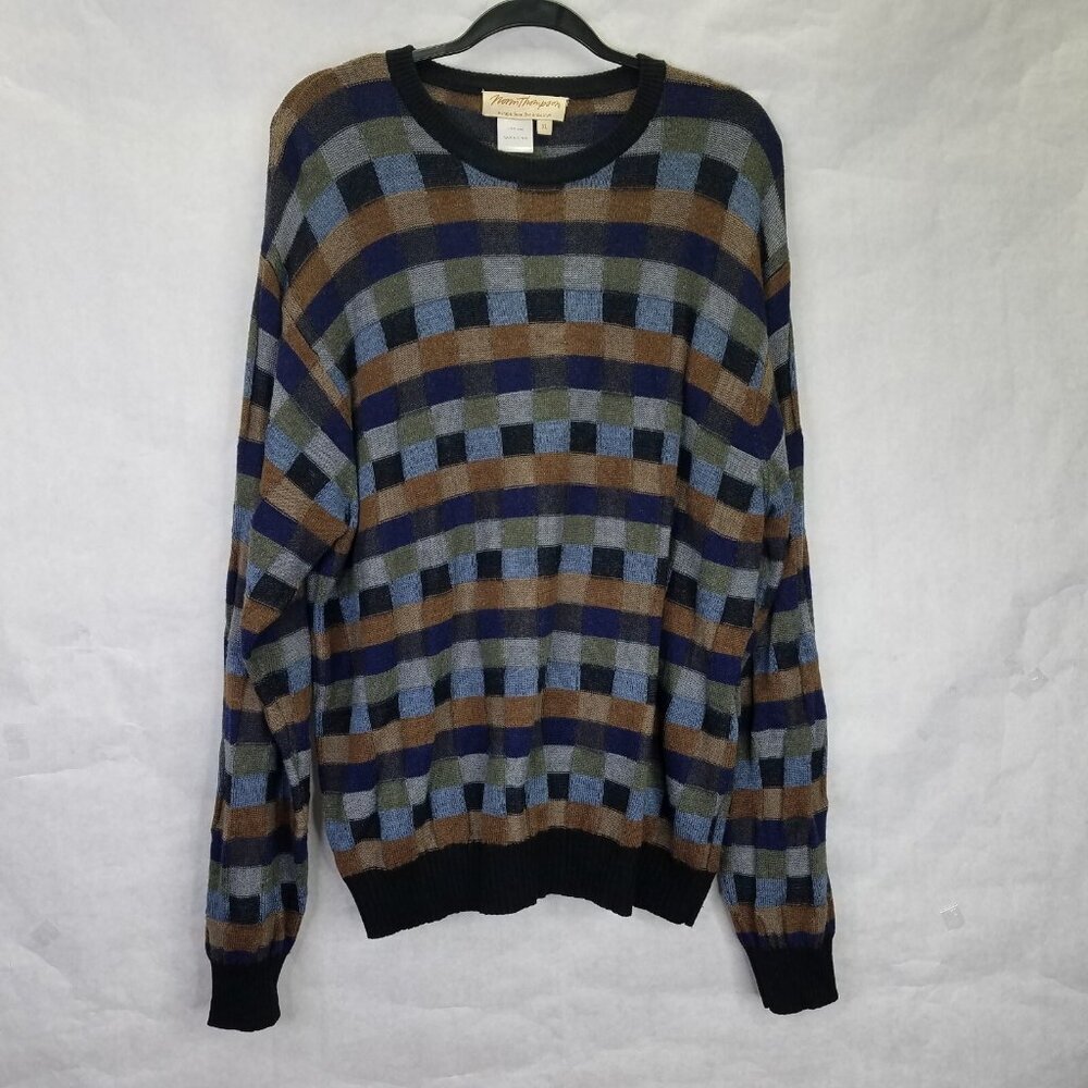 Norm Thompson Wool Sweater Mens XL Colorful 3-D Knit Square Pullover Grandpa Y2K